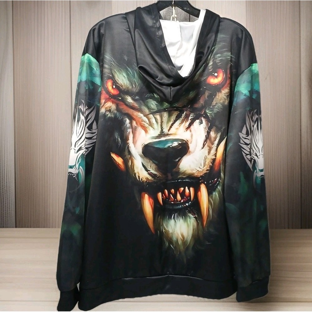 Angry Wolf 3D‎ All Over Print Hooded Pullover Longsleeve Shirt 1XL